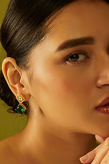 Gold Finish Synthetic Emerald Dangler Earrings in Sterling Silver