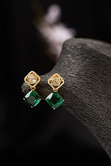 Gold Finish Synthetic Emerald Dangler Earrings in Sterling Silver