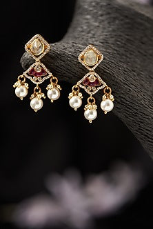 Gold Finish Moissanite Polki & Pearl Dangler Earrings in Sterling Silver
