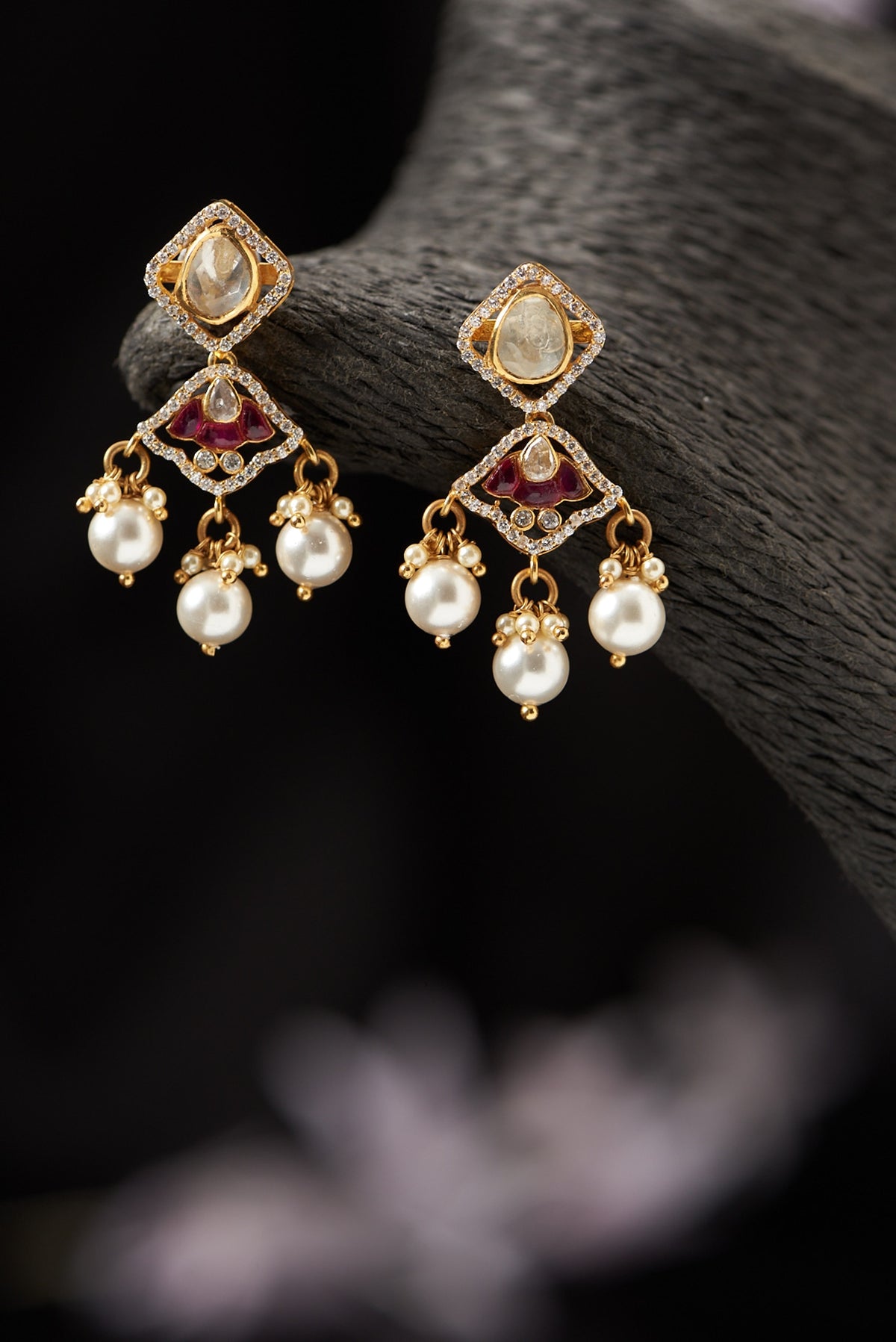 Gold Finish Moissanite Polki & Pearl Dangler Earrings in Sterling Silver