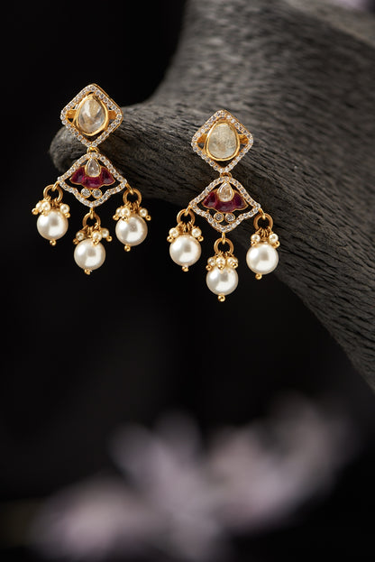 Gold Finish Moissanite Polki & Pearl Dangler Earrings in Sterling Silver