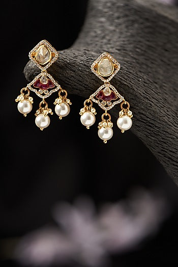 Gold Finish Moissanite Polki & Pearl Dangler Earrings in Sterling Silver