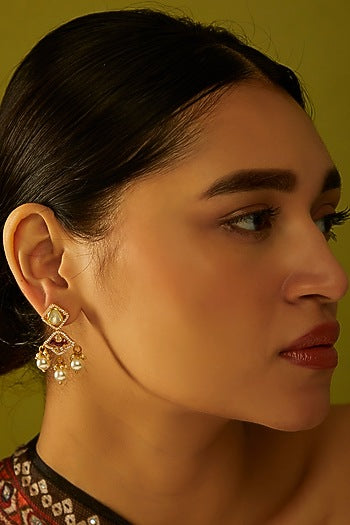 Gold Finish Moissanite Polki & Pearl Dangler Earrings in Sterling Silver