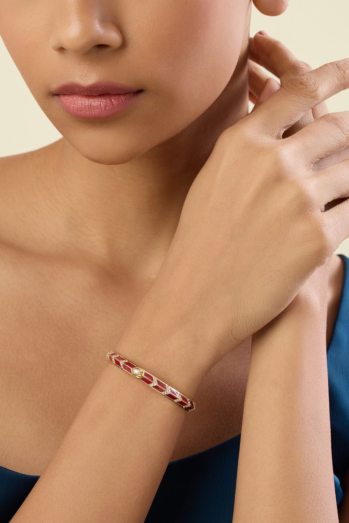 Gold Plated Crystal Zirconia Red Enameled Handcrafted Cuff Bracelet