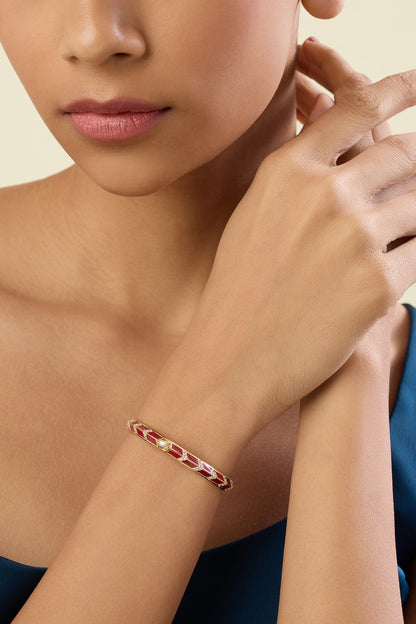 Gold Plated Crystal Zirconia Red Enameled Handcrafted Cuff Bracelet