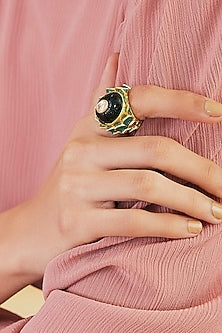 Gold Finish Onyx Lotus Ring