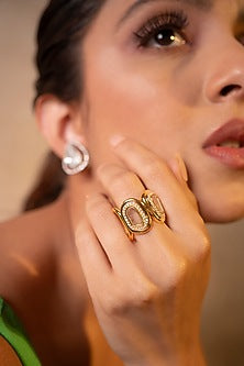 Gold Finish Kundan Polki & Swarovski Handcrafted Ring In Sterling Silver