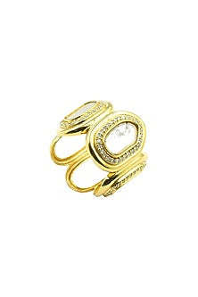 Gold Finish Kundan Polki & Swarovski Handcrafted Ring In Sterling Silver