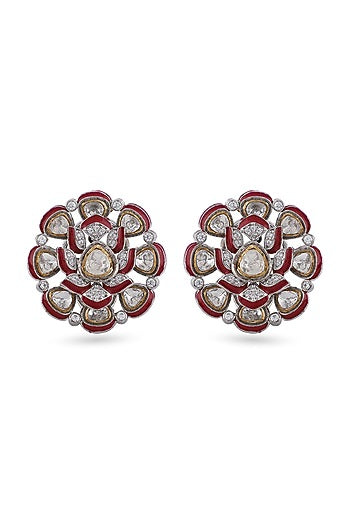 Gold Finish Synthetic Emerald Stone & Swarovski Stud Earrings In Sterling Silver