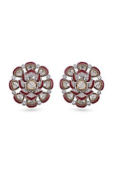 Gold Finish Synthetic Emerald Stone & Swarovski Stud Earrings In Sterling Silver