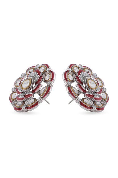 Gold Finish Synthetic Emerald Stone & Swarovski Stud Earrings In Sterling Silver