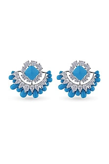 White Finish Turquoise Stone & Swarovski Stud Earrings In Sterling Silver