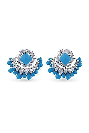 White Finish Turquoise Stone & Swarovski Stud Earrings In Sterling Silver