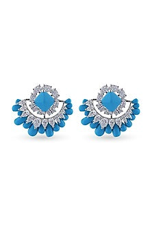 White Finish Turquoise Stone & Swarovski Stud Earrings In Sterling Silver
