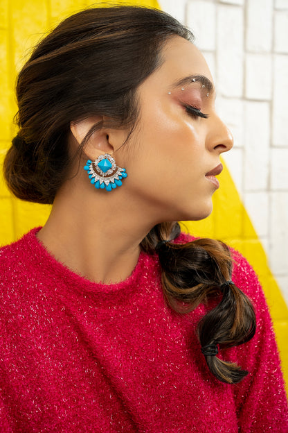White Finish Turquoise Stone & Swarovski Stud Earrings In Sterling Silver