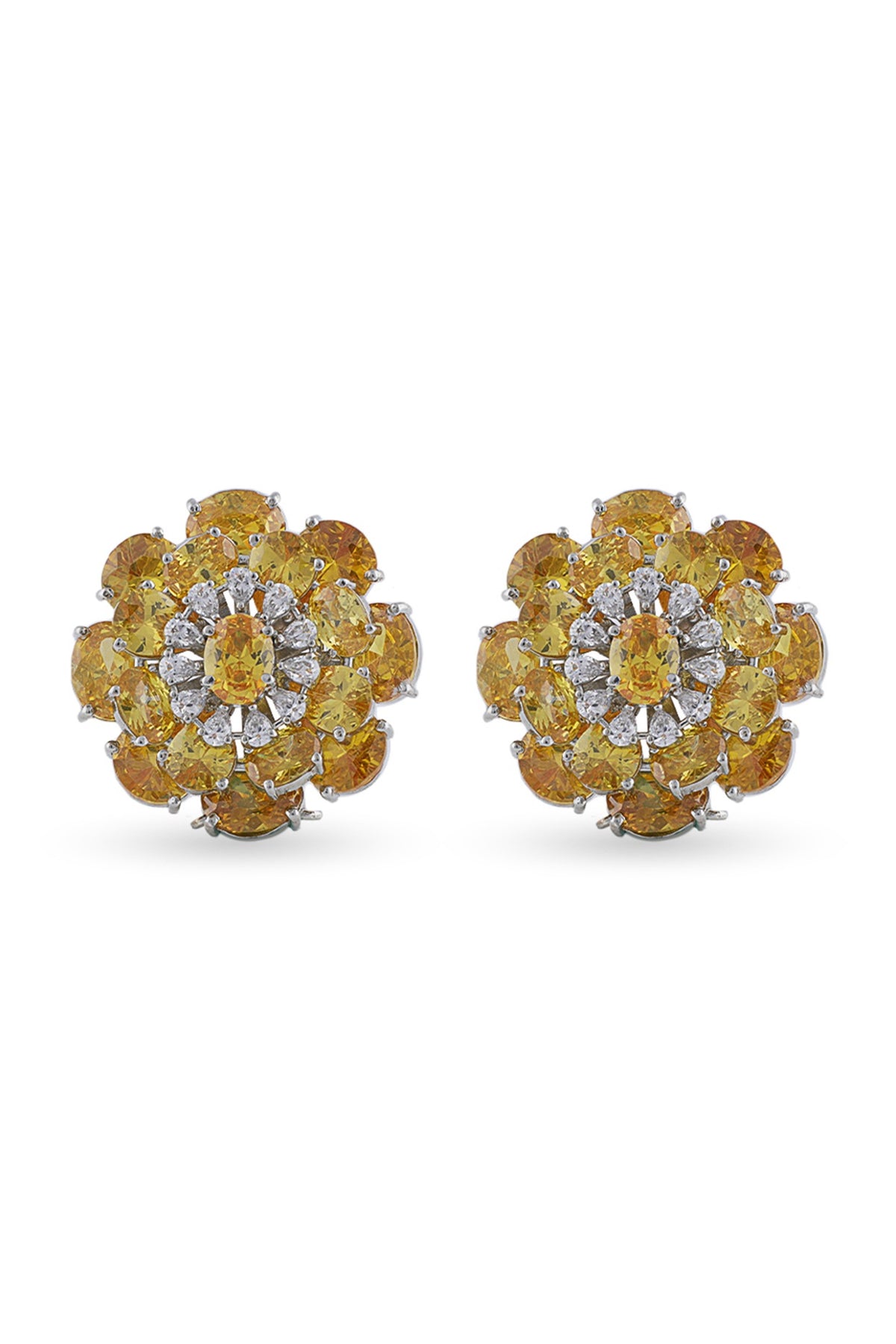 White Finish Citrine Stone & Swarovski Stud Earrings In Sterling Silver