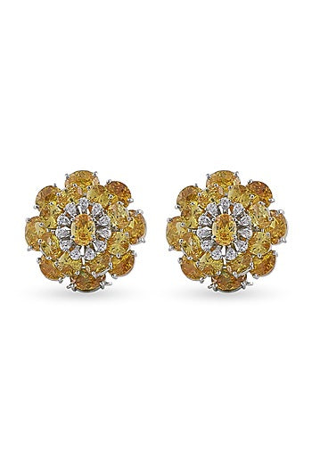 White Finish Citrine Stone & Swarovski Stud Earrings In Sterling Silver