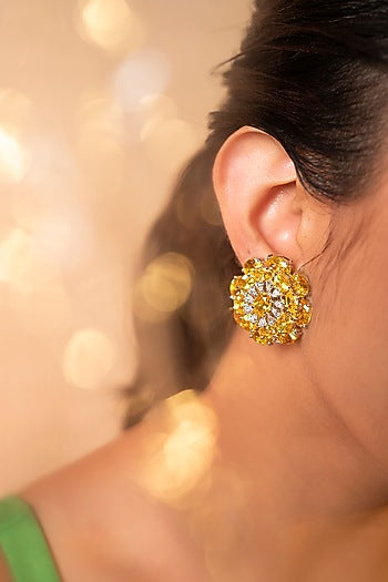 White Finish Citrine Stone & Swarovski Stud Earrings In Sterling Silver