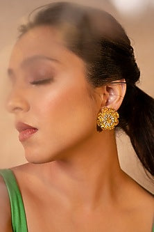 White Finish Citrine Stone & Swarovski Stud Earrings In Sterling Silver