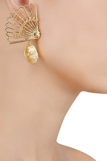 Gold Finish Fan Motif Semi Circle Earrings