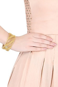 Dull Gold Finish Adjustable Horizontal Striped Cuff Bracelet