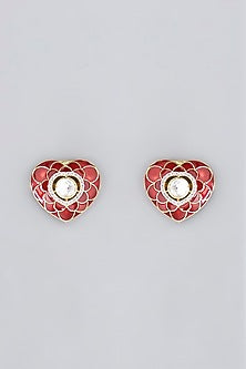 Gold Plated Red Stones & Moissanite Polki Handcrafted Enamelled Stud Earrings In Sterling Silver