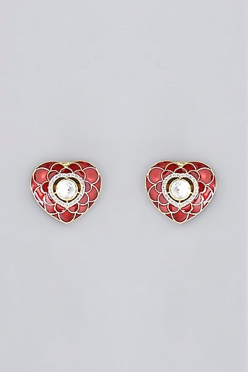 Gold Plated Red Stones & Moissanite Polki Handcrafted Enamelled Stud Earrings In Sterling Silver