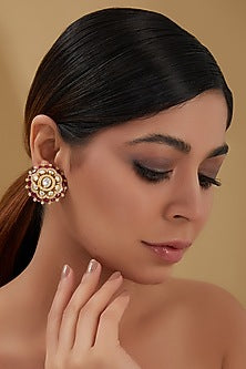 Gold Plated Moissanite Polki & Ruby Stud Earrings In Sterling Silver