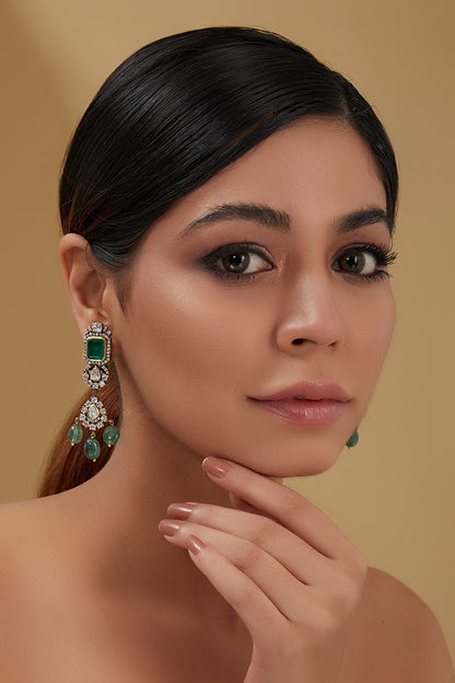 Gold Plated Moissanite Polki & Emerald Dangler Earrings In Sterling Silver