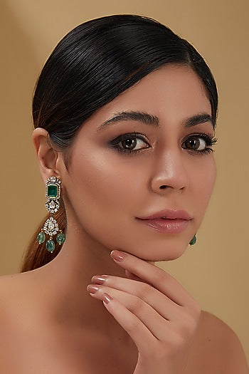 Gold Plated Moissanite Polki & Emerald Dangler Earrings In Sterling Silver