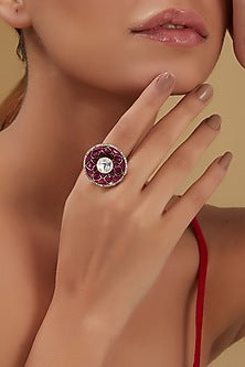Gold Plated Moissanite Polki & Ruby Ring In Sterling Silver