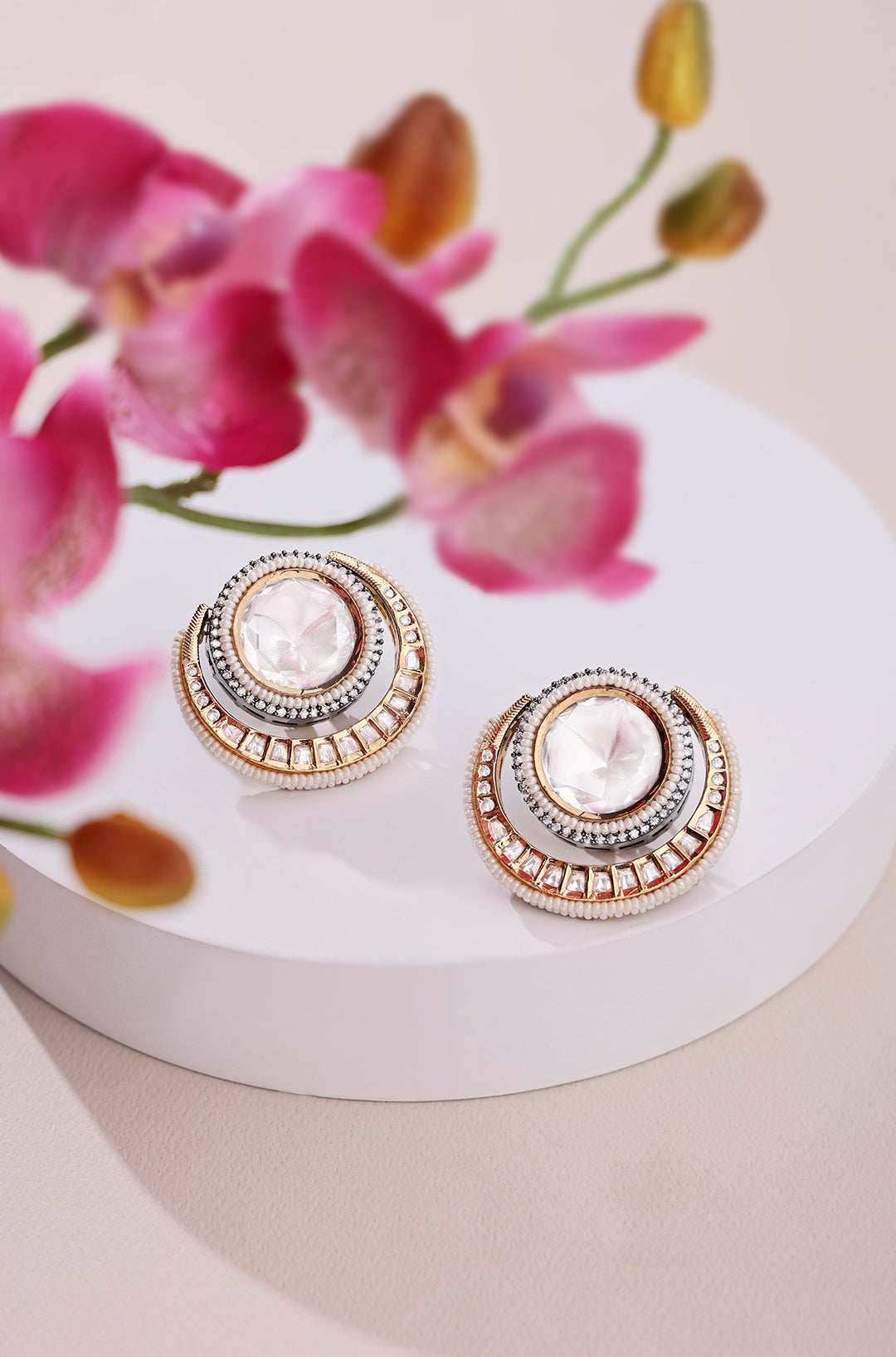 Kundan Polki Pearl Stud Earrings