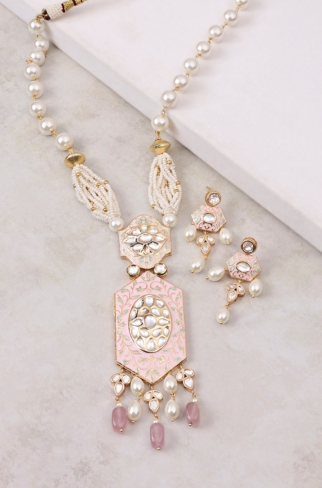 Pink Enamelled And White Pearl Necklace Set