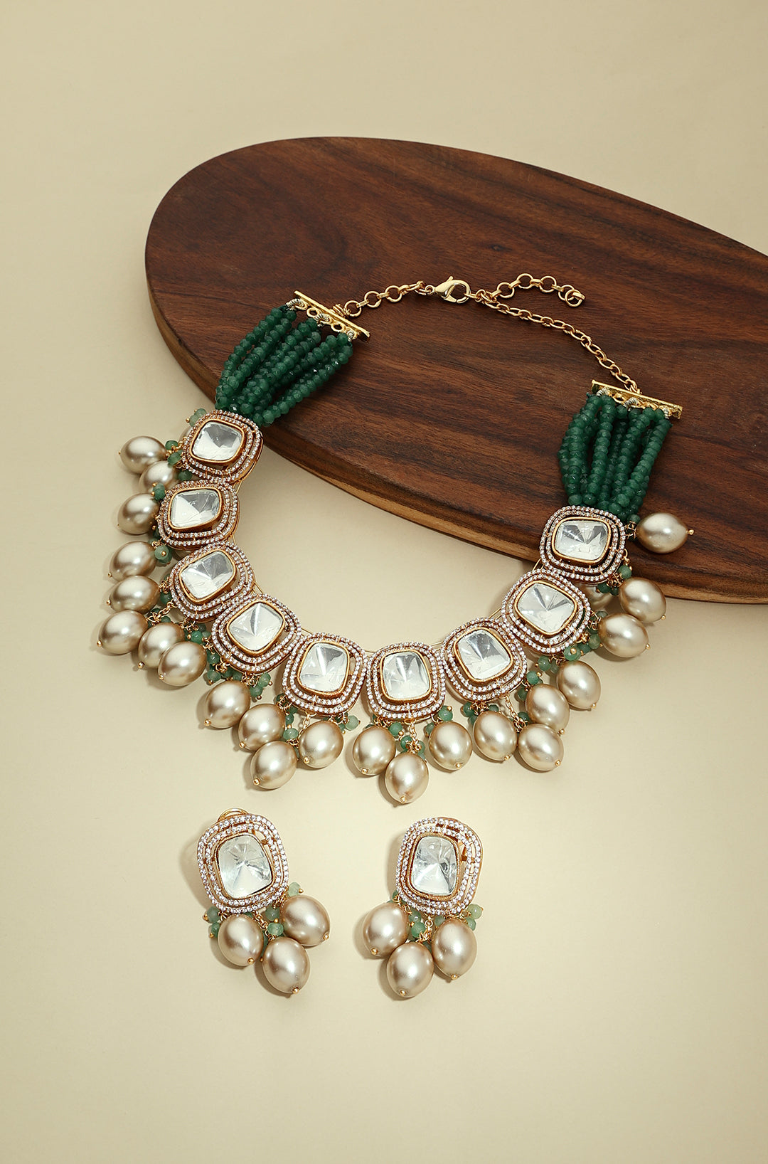 Gold Tone Kundan Polki Biege Necklace Set