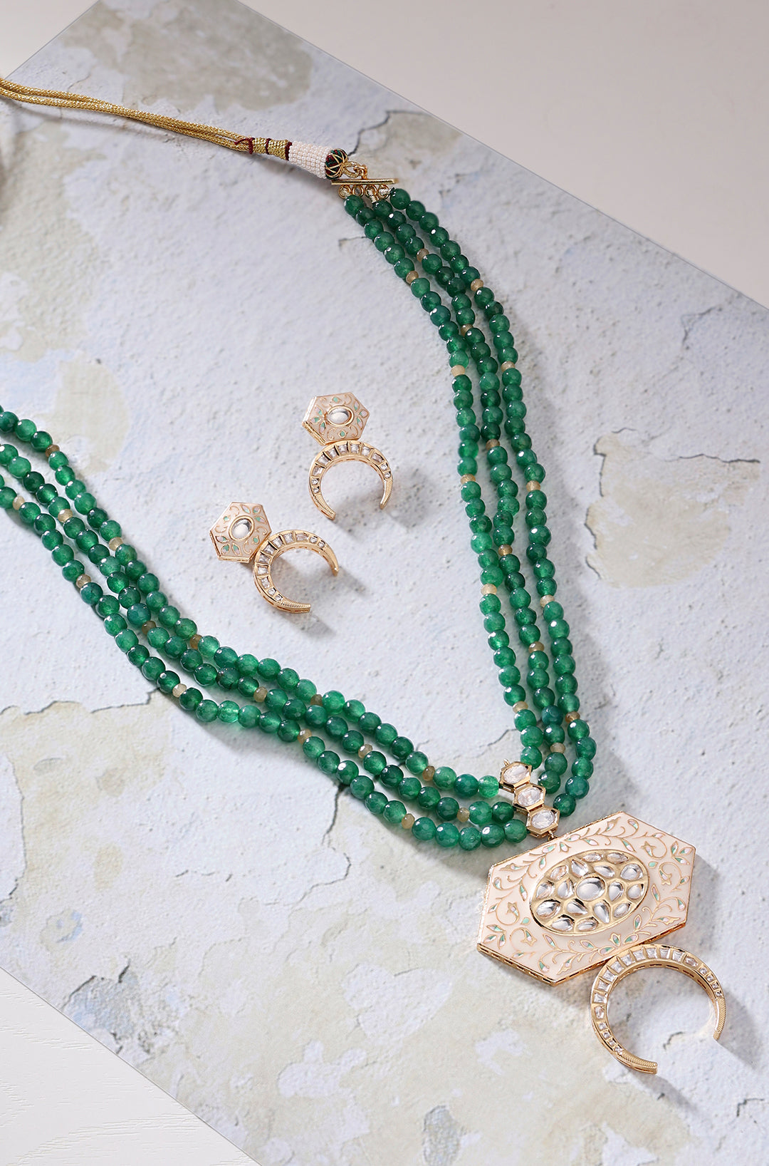 Green Necklace Set With Enamelled Kundan Polki