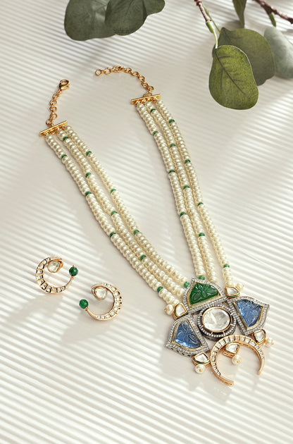 Royal Blue And Classic White Pearl Necklace Set