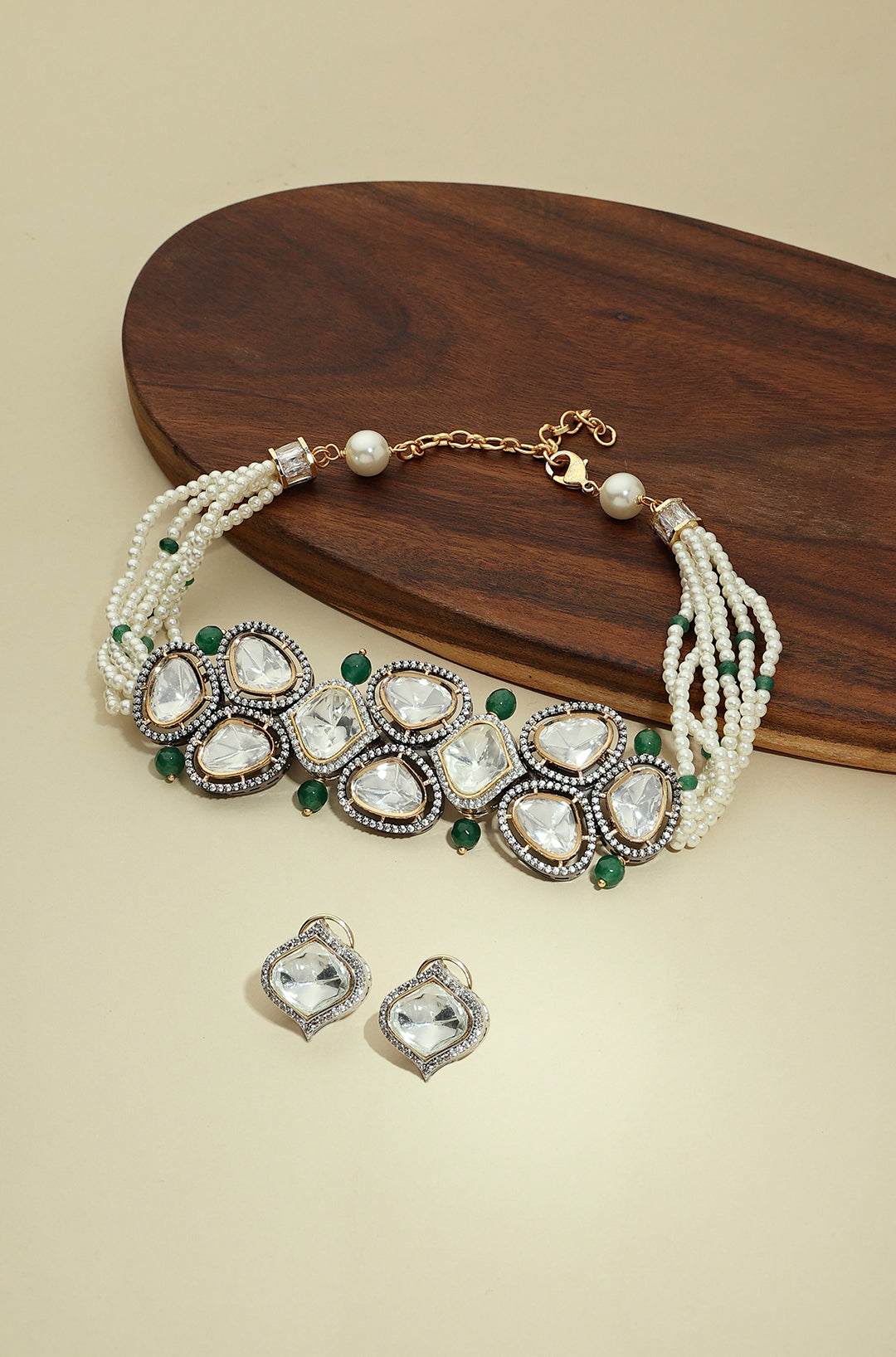 Green And White Antique Polki  Necklace Set