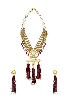 Gold Finish Agate Beads & Shell Pearls Necklace Set