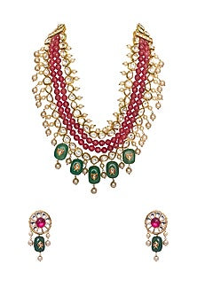 Gold Finish Green Onyx & Polki Necklace Set