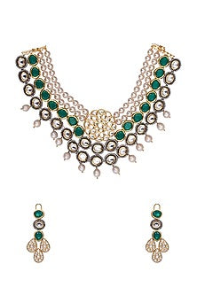 Gold Finish Shell Pearl & Polki Necklace Set