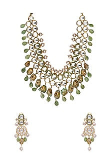 Gold Finish Green Fluoride Kundan Necklace Set