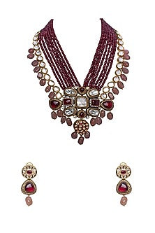 Gold Finish Pink Jade & Red Agate Necklace Set