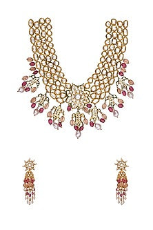Gold Finish Pink Jade Stones & Pearls Necklace Set