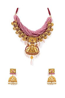Gold Finish Rose Quartz & Agate Necklace Set
