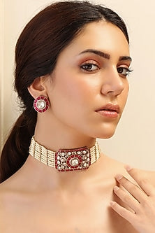 Gold Finish Red Stone Choker Necklace Set