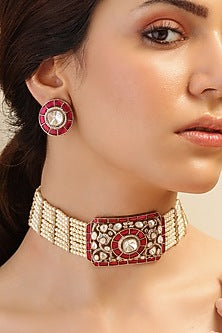 Gold Finish Red Stone Choker Necklace Set