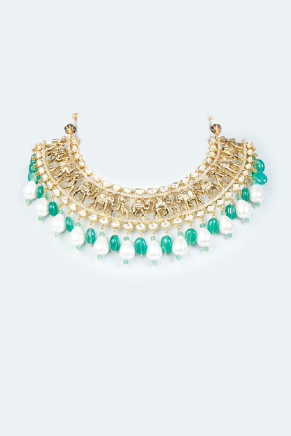Gold Finish Choker Necklace Set With Hydro Polkis