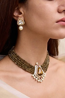 Gold Finish Green Beaded & Kundan Polki Layered Necklace Set