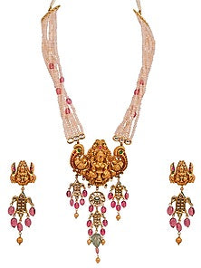 Gold Finish Kundan Polki & Beaded Temple Necklace Set