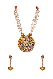 Gold Finish Pearl & Emerald Temple Necklace Set